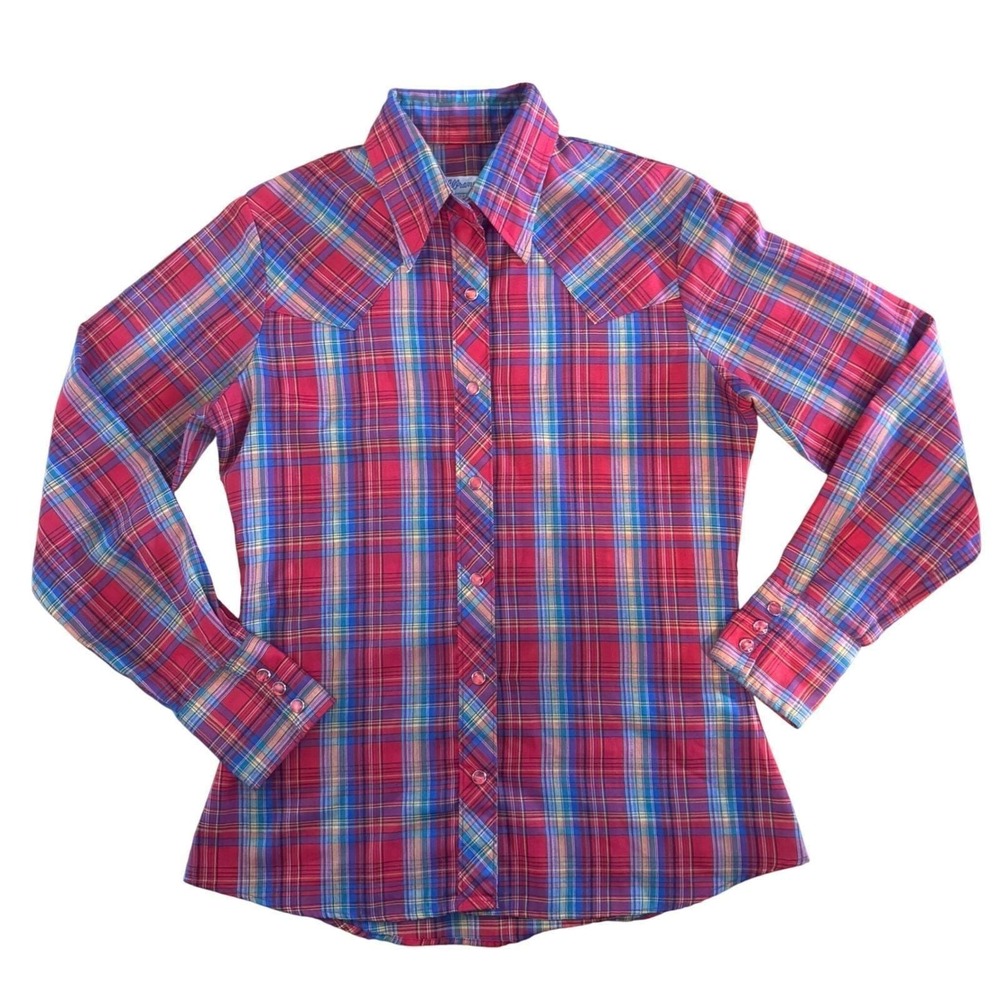 Vintage Wrangler‎ Womens Red Plaid Pearl Snap Western Shirt Made in USA Size 32